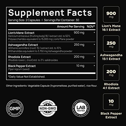 ELMNT 20,000mg 16x Strength Lions Mane Super Nootropic + Adaptogens Brain Supplement - Highest Potency Lion's Mane Extract 50% Polysaccharides w. Ashwagandha & Rhodiola for Focus, Energy, Memory