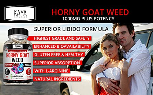 Kaya Naturals Horny Goat Weed Extract for Adult Enhancement - 1560mg Maca | Extra Strength Complex with Saw Palmetto Ginseng, Arginine Libido Enhancing Vitamin Supplement | Horny Goat Weed - 60 Count