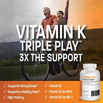 Bronson Vitamin K Triple Play (Vitamin K2 MK7 / Vitamin K2 MK4 / Vitamin K1) Full Spectrum Complex Vitamin K Supplement, 180 Capsules