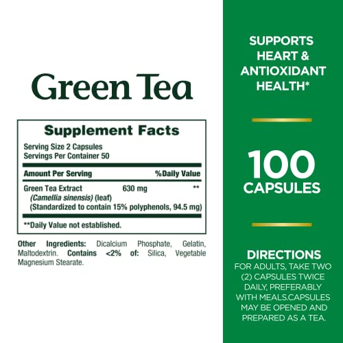 Nature's Bounty Green Tea Pills and Herbal Health Supplement, Supports Heart and Antioxidant Health, 315mg, 100 Capsules