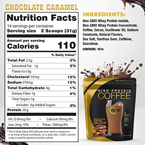 Chike Chocolate Caramel High Protein Iced Coffee, 20 G Protein, 2 Shots Espresso, 1 G Sugar, Keto Friendly and Gluten Free, 14 Servings (14.8 Ounce)