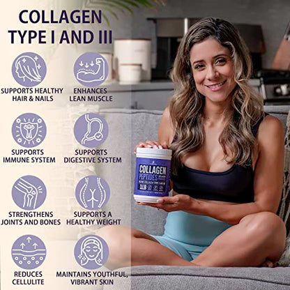 Collagen Peptides Powder for Women Hydrolyzed Collagen Protein Powder Types I and III Non-GMO Grass-Fed Gluten-Free Kosher and Pareve Unflavored Easy to Mix Drink Healthy Hair Skin Joints Nails 1Lb