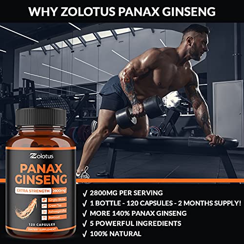 Korean Red Panax Ginseng + Ginkgo Biloba, 2800mg Highest Potency with Ashwagandha, Beetroot, Green Tea Extract, Boost Energy, Mood, Focused Strength, Enhanced Stamina Performance., 120 Capsules