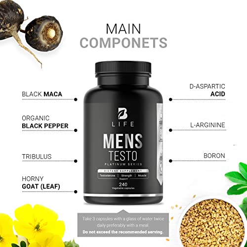 Testosterone Booster for Men - Mens Testo B Life 240 Capsules - Ultimate Male Performance Enhancement Supplement - Boost Drive, Endurance, Strength, Stamina & Achieve Lean Muscle Growth