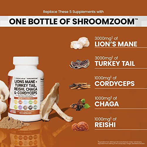 Lions Mane 3000mg 20in1 Mushroom Supplement with Turkey Tail 2000mg Reishi 1000mg Cordyceps Chaga 1000mg Maitake Meshima Poria Cocos Shiitake Oyster Porcini Enoki Cognitive, Energy, Focus Pills USA