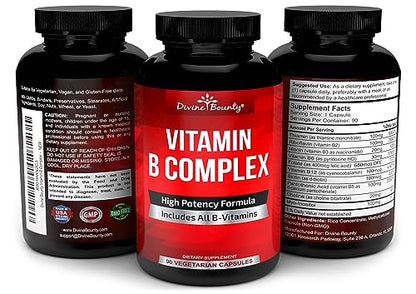 Divine Bounty Super B Complex Vitamins - All B Vitamins Including B12, B1, B2, B3, B5, B6, B7, B9, Folic Acid - Vitamin B Supplement - Support Healthy Energy Metabolism - 90 Vegetarian Capsules