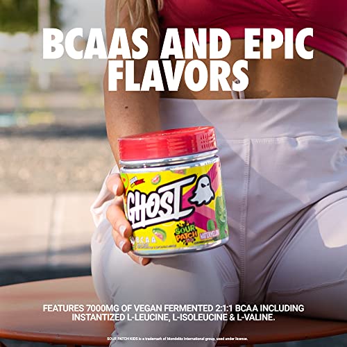 GHOST BCAA Amino Acids, Sour Patch Kids Blue Raspberry - 30 Servings - Sugar-Free Intra & Post Workout Powder & Recovery Drink, 7g BCAA Supports Muscle Growth & Endurance - Soy & Gluten-Free, Vegan