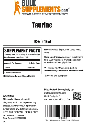 BULKSUPPLEMENTS.COM Taurine Powder - Taurine Supplement, Taurine 2000mg, Amino Acids Supplement - Heart Health Supplements, Unflavored, Pure & Gluten Free, 2g per Serving, 500g (1.1 lbs)