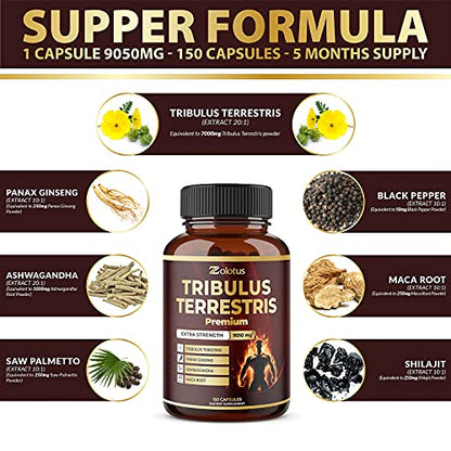 Tribulus Terrestris, 9050mg Per Capsule, 5 Months Supply with Ashwagndha, Panax Ginseng, Saw Palmetto, Maca, Shilajit. Energy, Stamina & Performance Supplement for Men & Women