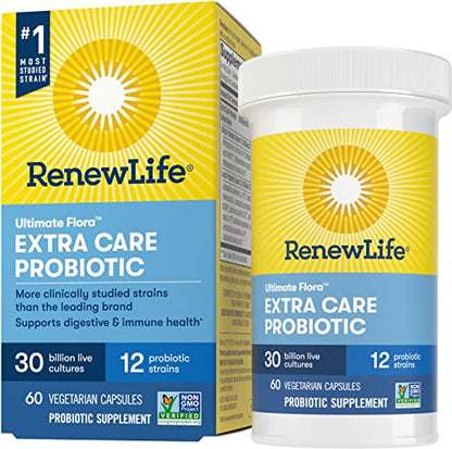 Renew Life Adult Probiotics, 30 Billion CFU Guaranteed, Probiotic Supplement for Digestive & Immune Health, Shelf Stable, Gluten Free, Extra Care, For Men & Women, 60 Capsules