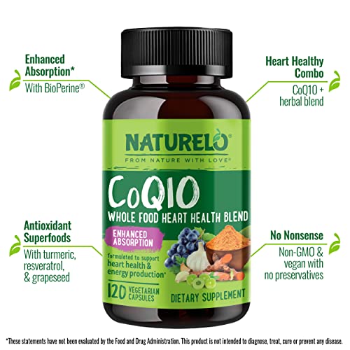 NATURELO Whole Food CoQ10 with Heart Health Blend, Powerful Antioxidant for Energy Production, 120 Capsules