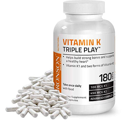 Bronson Vitamin K Triple Play (Vitamin K2 MK7 / Vitamin K2 MK4 / Vitamin K1) Full Spectrum Complex Vitamin K Supplement, 180 Capsules