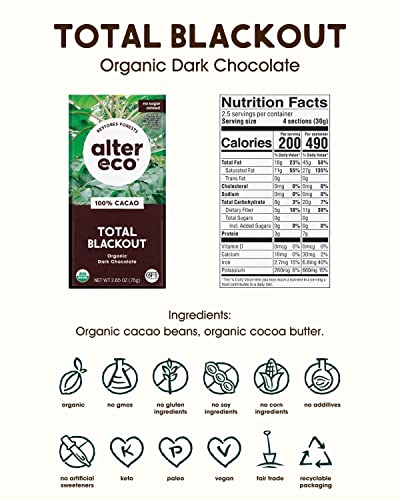 Alter Eco | Dark Chocolate Bars | Pure Dark Cocoa, Fair Trade, Organic, Non-GMO, Gluten Free (Total Blackout)