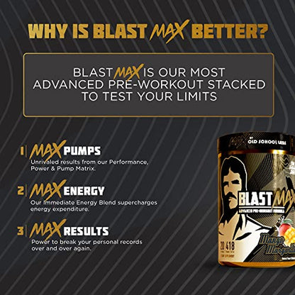 BLAST MAX – High-Stim Pre-Workout Powder – Highly Acclaimed Fully Stacked Pre Workout Energy Drink for Max Endurance, Max Pumps, Max Focus, and Max Power – Sugar-Free Mango Margarita Flavor – 418g