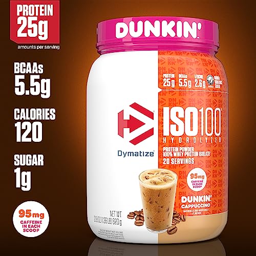 Dymatize ISO100 Hydrolyzed 100% Whey Isolate Protein Powder in Dunkin' Cappuccino Flavor, 25g Protein, 95mg Caffeine, 5.5g BCAAs, Gluten Free, Fast Absorbing, Easy Digesting, 21.5 Oz