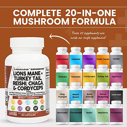 Lions Mane 3000mg 20in1 Mushroom Supplement with Turkey Tail 2000mg Reishi 1000mg Cordyceps Chaga 1000mg Maitake Meshima Poria Cocos Shiitake Oyster Porcini Enoki Cognitive, Energy, Focus Pills USA