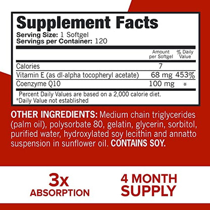 CoQ10 100mg Softgels - Qunol Ultra 3x Better Absorption Coenzyme Q10 Supplements - Antioxidant Supplement For Vascular And Heart Health & Energy Production - 4 Month Supply - 120 Count