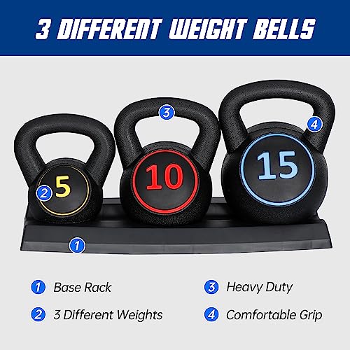 F2C 3-Piece Kettlebell Set with Storage Rack 5lb, 10lb, 15lb Weights HDPE Coated Concrete Kettlebells Core Training for Home Gym Exercise Fitness