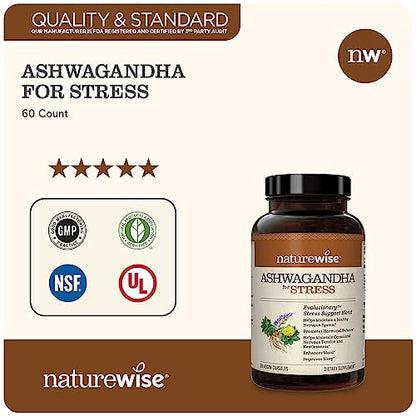 NatureWise Ashwagandha for Stress | Calming KSM-66 Herbal Supplement Extract + GABA, L-Theanine, Rhodiola Rosea, Light Brown, 60 Count