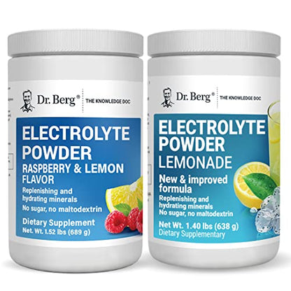 Dr. Berg's Electrolyte Powder 100 Servings Bundle - Raspberry Lemon & Lemonade Flavors - Hydration Drink Mix Supplement