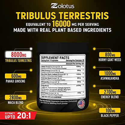 13in1 Tribulus Terrestris Capsules - 16000mg Per Serving with Maca, Horny Goat Weed, Panax Ginseng, Saw Palmetto, Tongkat Ali, Shilajit & More - Energy, Stamina Supplement for Men & Women - 120 Counts