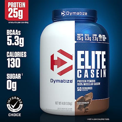 Dymatize Elite Casein Protein Powder, Slow Absorbing with Muscle Building Amino Acids, 100% Micellar Casein, 25g Protein, 5.4g BCAAs & 2.3g Leucine, Helps Overnight Recovery, Rich Chocolate, 4 Pound