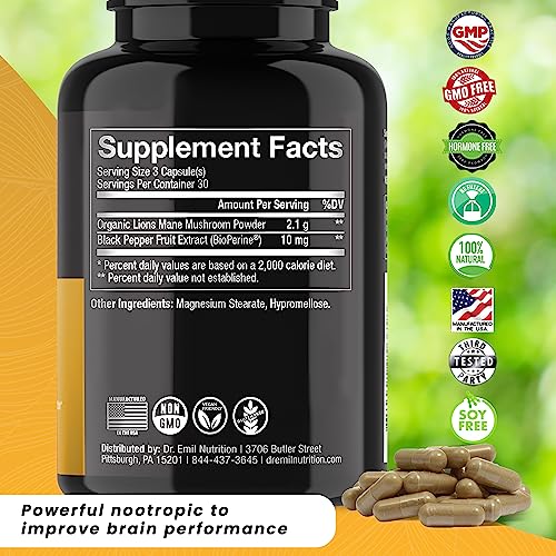 2100mg Organic Lions Mane Supplement Capsules for Focus, Mental Clarity & Cognitive Support - Brain Boosting Nootropic Lion's Mane Mushroom Supplement with 100% Organic Lions Mane Extract