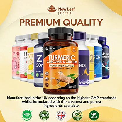 Turmeric Tablets 2600mg with Black Pepper & Ginger - 95% Curcumin Extract - 180 Turmeric and Black Pepper Tablets (3 Month) High Strength Active Turmeric Supplements Not Turmeric Capsules,by New Leaf