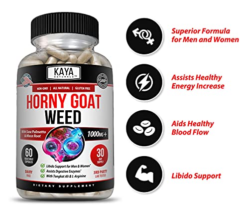 Kaya Naturals Horny Goat Weed Extract for Adult Enhancement - 1560mg Maca | Extra Strength Complex with Saw Palmetto Ginseng, Arginine Libido Enhancing Vitamin Supplement | Horny Goat Weed - 60 Count