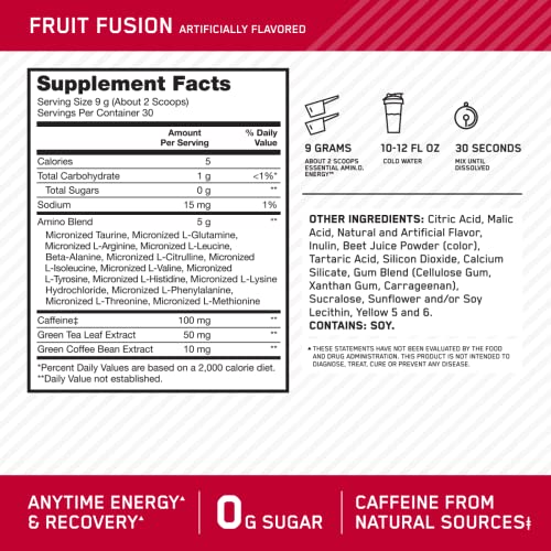 Optimum Nutrition Amino Energy - Pre Workout with Green Tea, BCAA, Amino Acids, Keto Friendly, Green Coffee Extract, Energy Powder - Fruit Fusion, 30 Servings (Packaging May Vary)