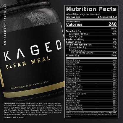 Kaged Clean Meal; Meal Replacement Shake with Whey Protein Isolate, Clean Carbs, MCT Oil Fats, Organic Vitamins and Minerals, Vanilla Cake, 20 servings