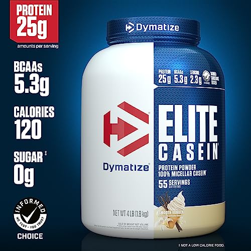 Dymatize Elite Casein Protein Powder, Slow Absorbing with Muscle Building Amino Acids, 100% Micellar Casein, 25g Protein, 5.4g BCAAs & 2.3g Leucine, Helps Overnight Recovery, Smooth Vanilla, 4 Pound