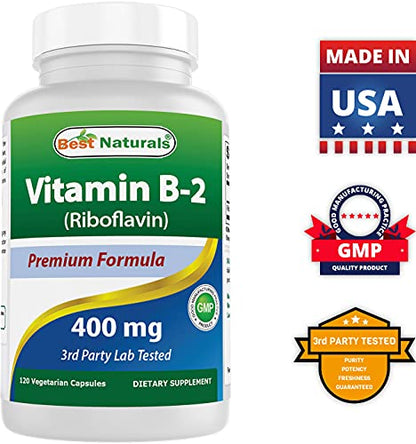 Best Naturals Vitamin B2 (Riboflavin) 400mg - Migraine Relief - Veggie Capsules - Conezyme Precursor - 120 Count (120 Count (Pack of 1))