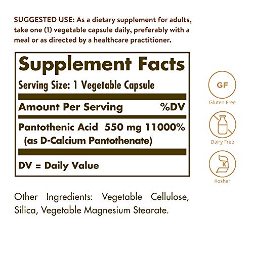 Solgar Pantothenic Acid 550 mg, 100 Vegetable Capsules - Vitamin B5 - Energy Metabolism, Nervous System Support - Gluten Free, Dairy Free, Kosher - 100 Servings