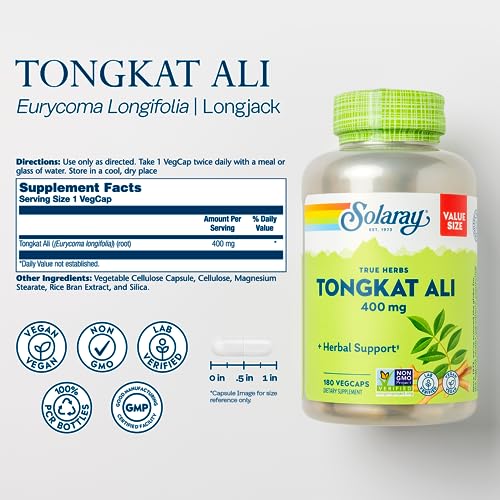 SOLARAY Tongkat Ali 400 mg, Longjack Tongkat Ali Supplement for Men, Increase Performance, Support Lean Muscle Growth, Natural Energy, Stamina & Recovery, 180 Capsules