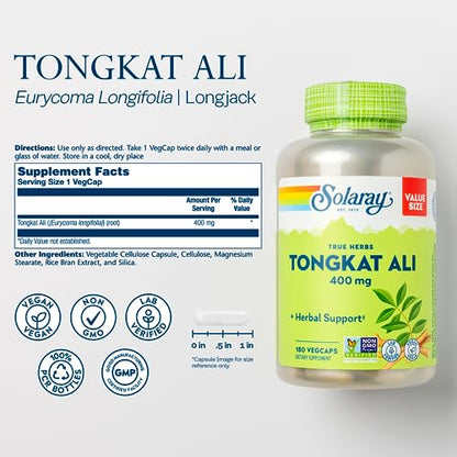 SOLARAY Tongkat Ali 400 mg, Longjack Tongkat Ali Supplement for Men, Increase Performance, Support Lean Muscle Growth, Natural Energy, Stamina & Recovery, 180 Capsules