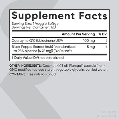 Sports Research CoQ10 (100mg) Enhanced w/Coconut Oil & Bioperine (Black Pepper) for Better Absorption | Vegan Certified, Non-GMO Verified (120 Veggie Softgels)