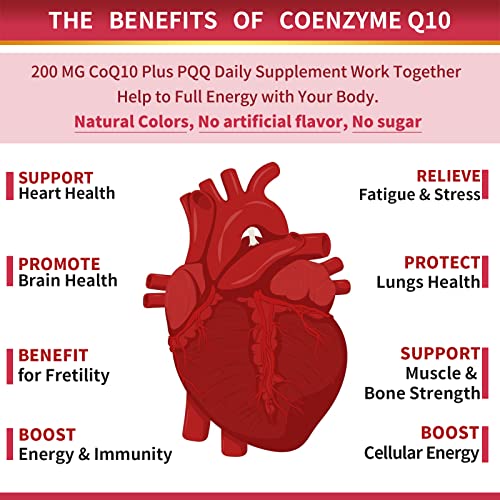 CoQ10-200mg-Softgels with PQQ, BioPerine & Omega-3, 120 Servings Coenzyme Q10(Ubiquinone) Supplement for High-Absorption, Powerful-Antioxidant, Support Heart & Energy-Production