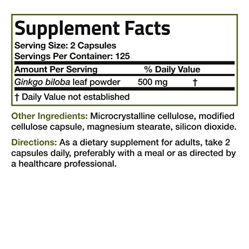 Bronson Ginkgo Biloba 500mg Extra Strength 500mg per Serving - Supports Brain Function & Memory Support, 250 Vegetarian Capsules