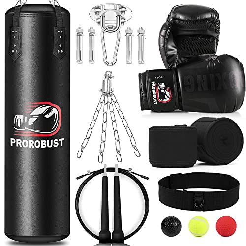 Prorobust Punching Bag for Adults, 4ft PU Heavy Boxing Bag Set with 12OZ Gloves for MMA Kickboxing Boxing Karate Home Gym Training (Unfilled)