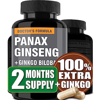 NooMost Authentic Korean Red Panax Ginseng + Ginkgo Biloba, 120 Vegan Capsules, Ginseng Root Extract Powder 1000mg (10% Ginsenosides) + Gingko Biloba 60mg, Energy and Focus Pills for Men and Women