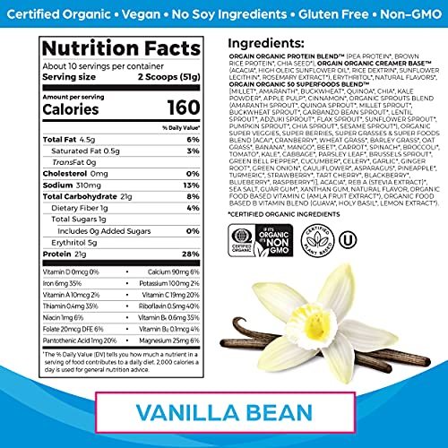 Orgain Organic Protein + Superfoods Powder, Vanilla Bean - 21g Protein, Vegan, Plant-Based, Non-GMO - 1.12lb