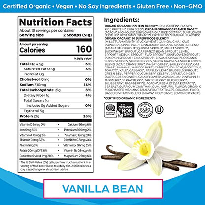 Orgain Organic Protein + Superfoods Powder, Vanilla Bean - 21g Protein, Vegan, Plant-Based, Non-GMO - 1.12lb