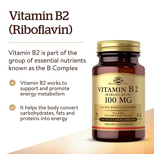 Solgar Vitamin B2 (Riboflavin) 100mg, 100 Vegetable Capsules - Energy Metabolism, Healthy Nervous System - Non-GMO, Vegan, Gluten Free, Dairy Free, Kosher, Halal - 100 Servings