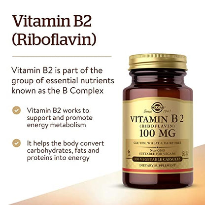 Solgar Vitamin B2 (Riboflavin) 100mg, 100 Vegetable Capsules - Energy Metabolism, Healthy Nervous System - Non-GMO, Vegan, Gluten Free, Dairy Free, Kosher, Halal - 100 Servings