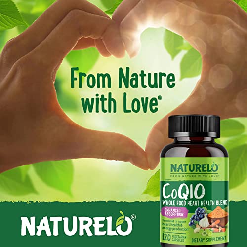 NATURELO Whole Food CoQ10 with Heart Health Blend, Powerful Antioxidant for Energy Production, 120 Capsules