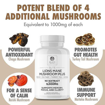 DR EMIL NUTRITION 9000mg Organic Lions Mane Supplement Capsules for Mental Clarity, Focus & Cognitive Support - Brain Boosting Nootropic Mushroom Supplement with Lion's Mane, Chaga, Reishi & Maitake