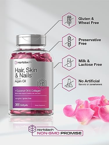 Hair Skin and Nails Vitamins | 300 Softgels | with Biotin and Collagen | Infused with Argan Oil and Coconut Oil | Non-GMO, Gluten Free Supplement | by Horbaach