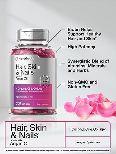 Hair Skin and Nails Vitamins | 300 Softgels | with Biotin and Collagen | Infused with Argan Oil and Coconut Oil | Non-GMO, Gluten Free Supplement | by Horbaach