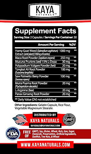 Kaya Naturals Horny Goat Weed Extract for Adult Enhancement - 1560mg Maca | Extra Strength Complex with Saw Palmetto Ginseng, Arginine Libido Enhancing Vitamin Supplement | Horny Goat Weed - 60 Count